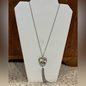 Long Super Sparkly Silver-toned Heart Gem Tassel Pendant Necklace